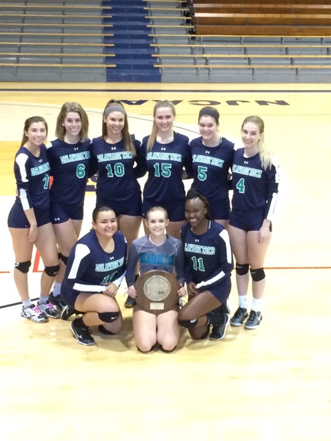 The Delaware Tech women’s volleyball team holds the second-place trophy at the 2017 National Junior College Athletic Association Region 19 Tournament. In back are (l-r) Lauren Mullins of Dover, Hayley Hudson of Newark, Kim Johnson of Milford, Rachel Thomson of Dover, Nicole Shuba of Wyoming, and Mary Beth O’Hanlon of Clayton. In front are Ellie McNatt of Georgetown, Brittany Duvall of Lewes and Kitty Omwenga of Middletown. SUBMITTED PHOTO